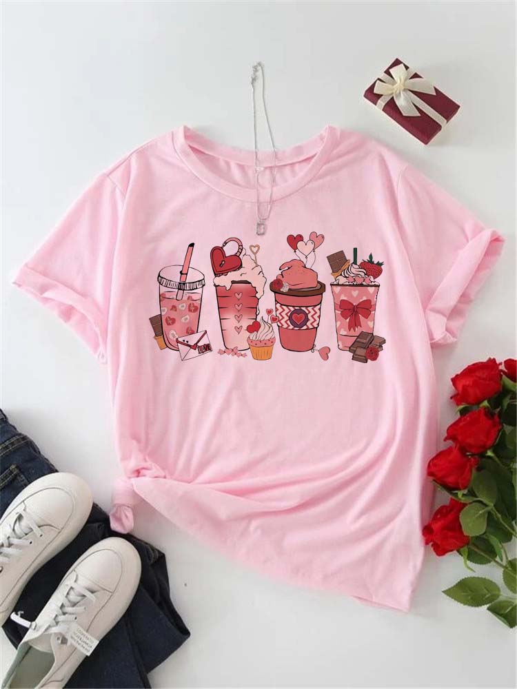 Women's T-shirt Korean Fashion Graphic Cup Print Women's Clothing T-shirts for Valentine's for Lovers Aesthetic Clothes Casual
