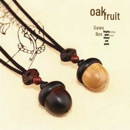 Ethnic Sandalwood Acorn Pendant Necklace with Hollow Long-Style GaU Box Design