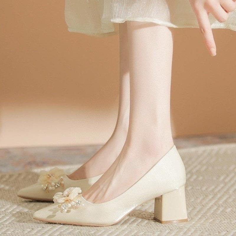 High Heels Spring Summer 2025 New Pearl Elegant Fairy Shoes with Soft Soles and High-grade Champagne Women's Shoes Thick Heel