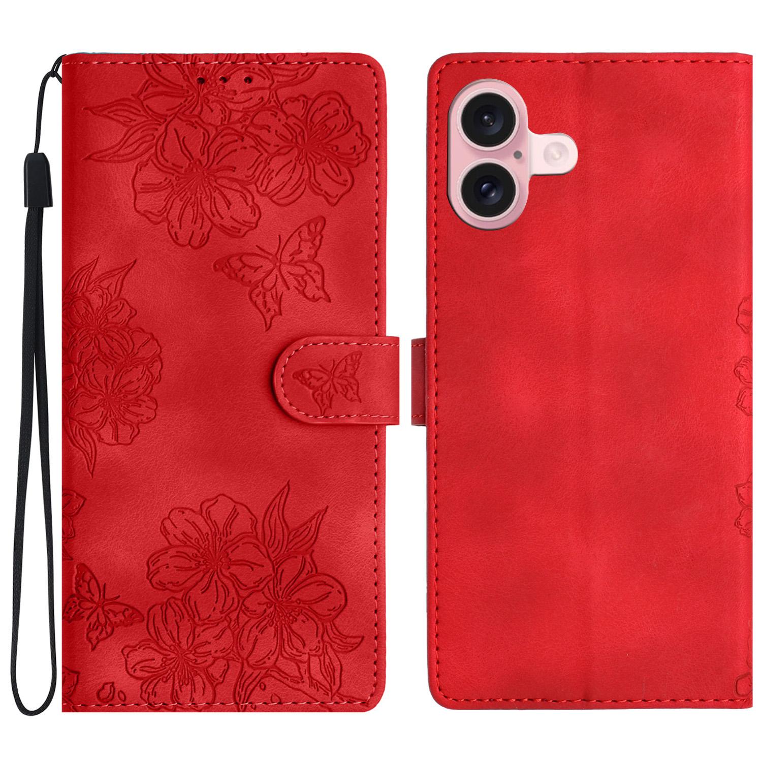 

For iPhone 17 Case Butterfly Flower Pattern Skin-Touch Leather Phone Cover Red