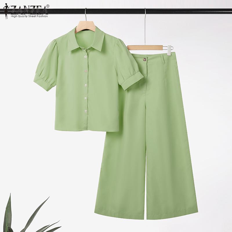 ZANZEA Women Casual Short Sleeve Blouse and Wide Leg Pants Casual Two Piece Suit Sets