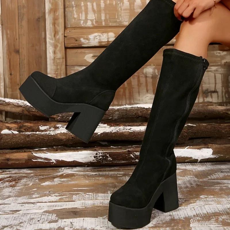 Fashion Shoes Female 2024 Fashion Side Zipper Women's Boots Winter Round Toe Suede Solid High Tube Platform Chunky Heels Women's Boots