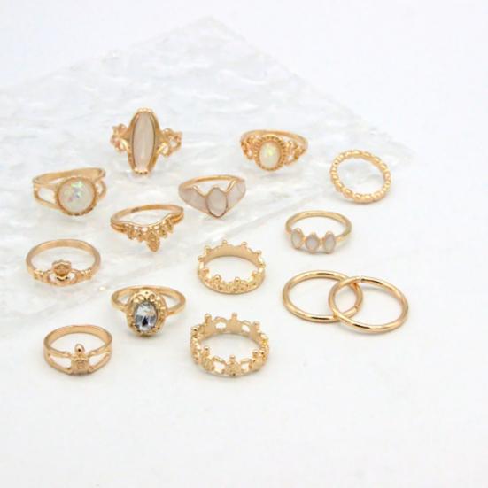14-teiliges/Set Damen-Ringe Set, Hohlmusterringe in verschiedenen Größen mit farbigen Muschel-Intarsien, Stapelbares leichtes Schmuckgeschenk-Set