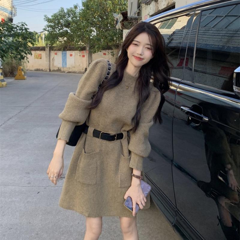 Chic Korean Style Knitted Sweater Dress for Autumn & Winter - Slimming Waist, Thick Base Layer