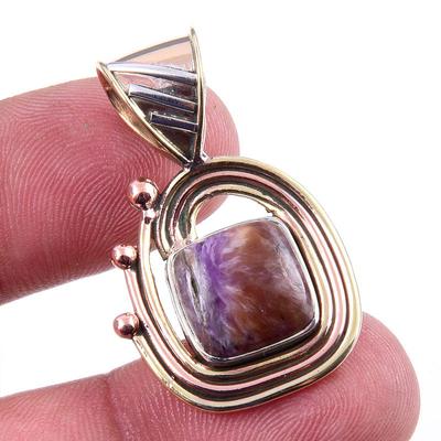 Natural Charoite Gemstone 925 Solid Sterling Silver Two Tone Pendant 1.25'' E3E65