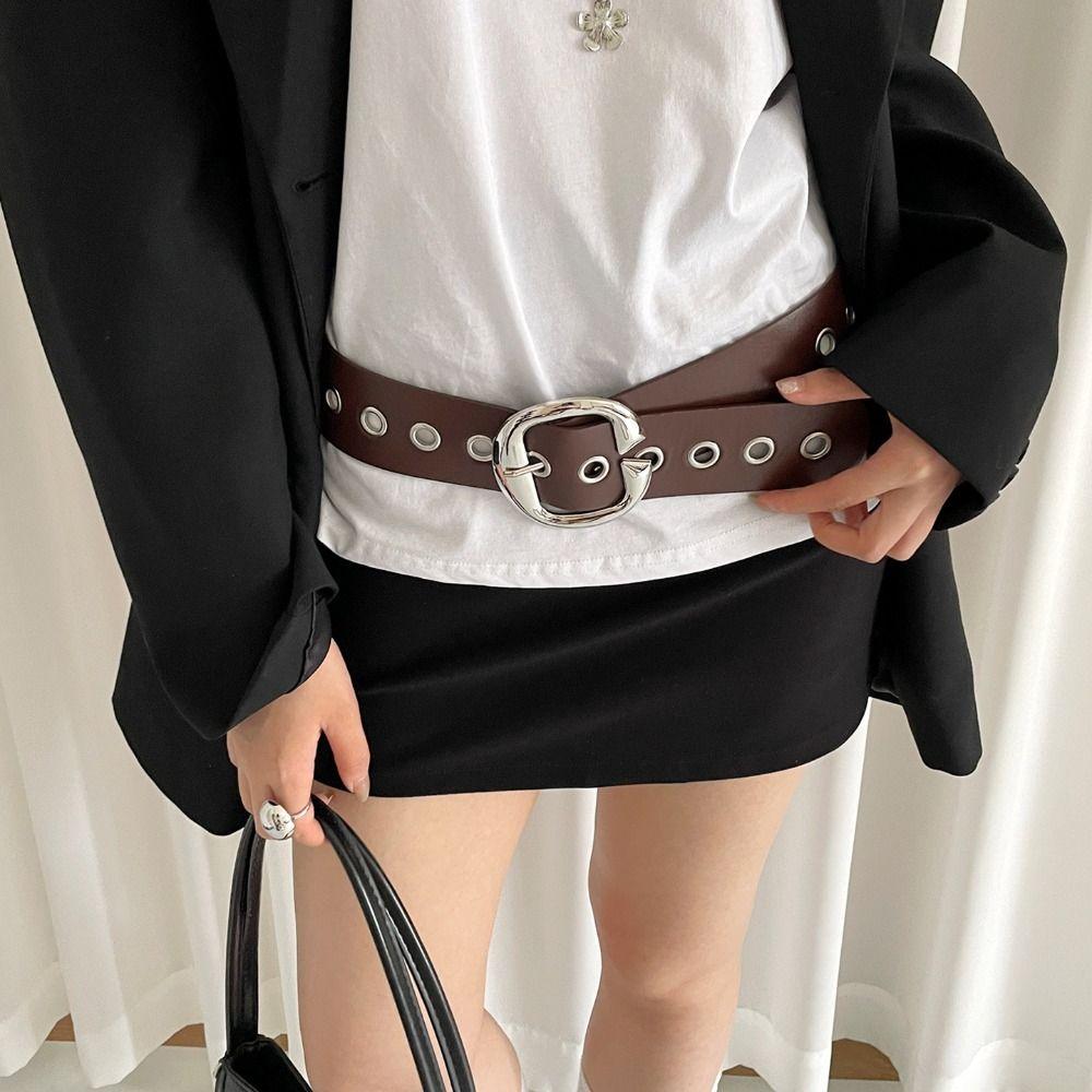 Vintage Women Wide Belt Metal Buckle Punk Style Belt Retro Leather Waistband  Girls