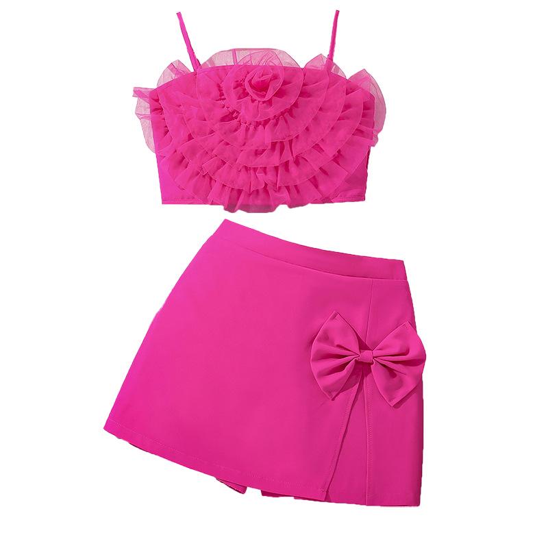 Girls' European & American 3D Flower Spaghetti Strap Top and Irregular Shorts - 2025 Summer Style Set