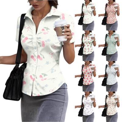 Damen Kurzarm Hemdbluse Slim Fit Knopfleiste Sommer Leichtes Bedrucktes Oberteil für Büro und Freizeit