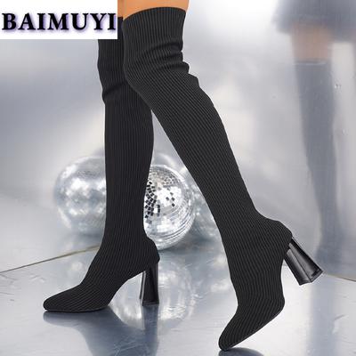 Knitting Over The Knee Women Sock Boots Pointed Toe High Heels Shoes 2025 Sexy Chunky Designer Chelsea Snow High Boots Pumps