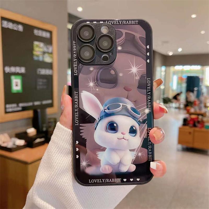 Cute Rabbit Metallic Paint Tempered Glass Phone Case For iPhone 15 14 13 12 11 Pro Max Shockproof Cover