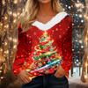 Women's Long Sleeve Christmas Print V-Neck Top with Plush Collar
