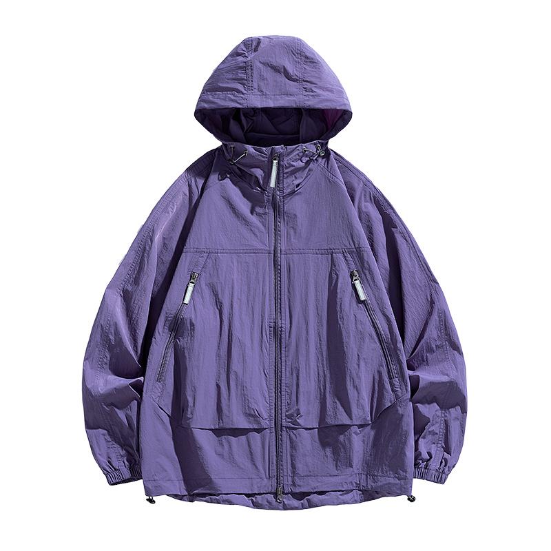 Men's Hooded Windbreaker Sunscreen Jacket - Ultra Light Summer Zipper Pocket Elastic Cuffs Suitable for Outdoor Hiking