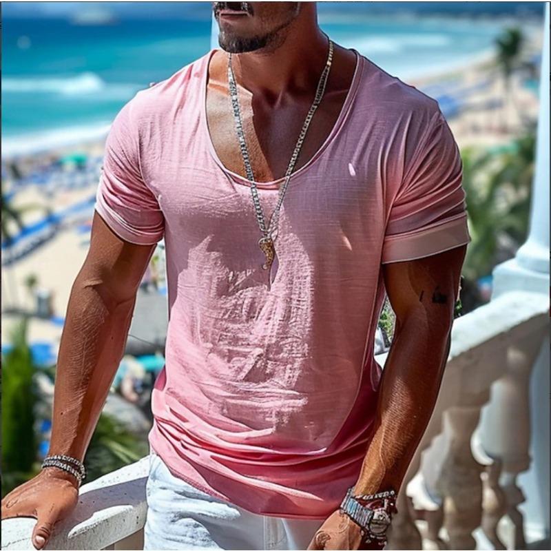 Mens Deep U Neck Short Sleeve T Shirt Textured Stretch Casual Beach Slim Fit Summer Basic Tee