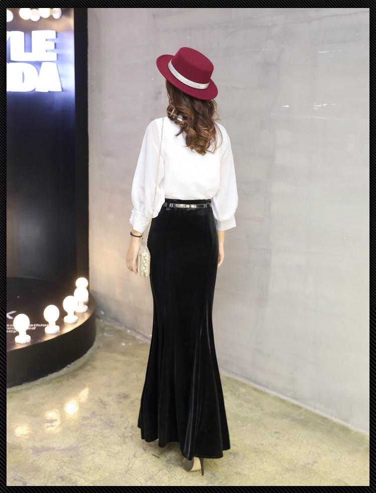 2025 Guld Sammet Fisksvans Volang Lång A-linje Kroppsnära Kjol för Höst/Vinter