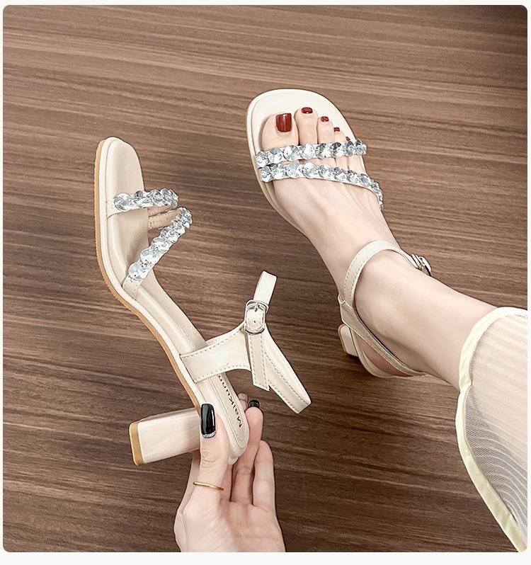 2025 New French Crystal Women's Sandals with High Heels and Square Head Style