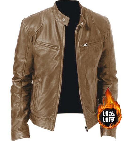 Winter business gentleman's warm zip-up cardigan, decorated fleece-lined thickened PU leather jacket, slim-fit leather jacket