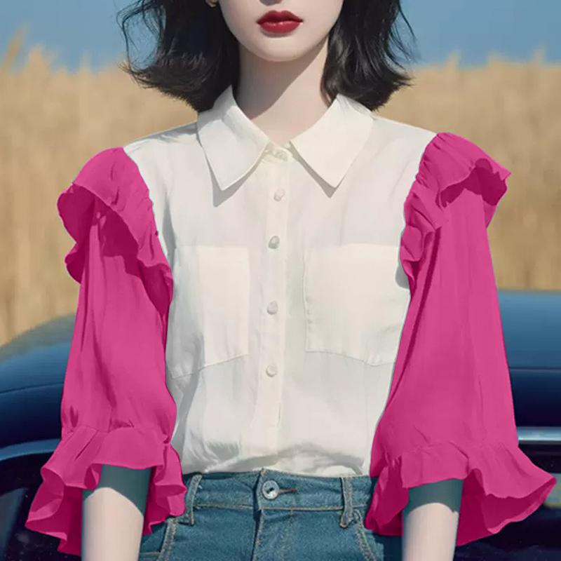 

VONDA Женские повседневные рубашки с длинным рукавом и оборками контрастного цвета 5XL темно-розовый