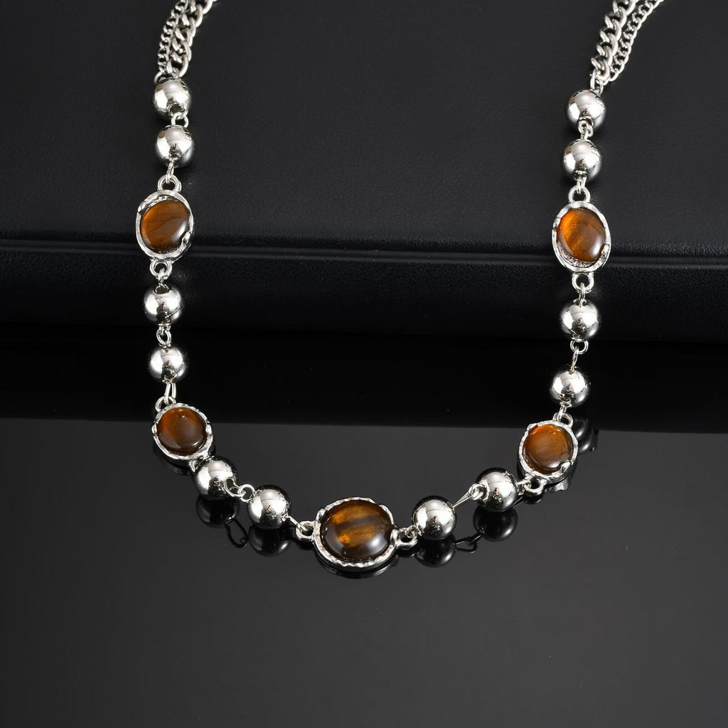 Tiger Eye Beaded Necklace for Men Boys,Hip Hop Natuiral Brown Stone Splicing Metal Beaded Collars,Cool Rock Punk Jewelry Gifts