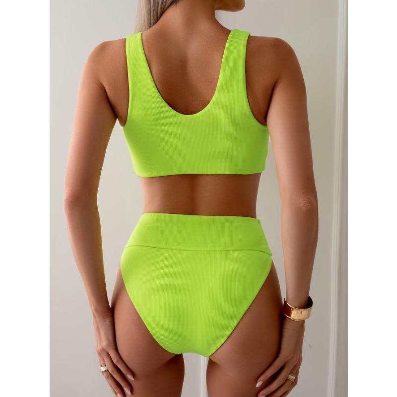 Women Sexy Solid Color Split Ribbed Bikini Swimsuit For Ladies