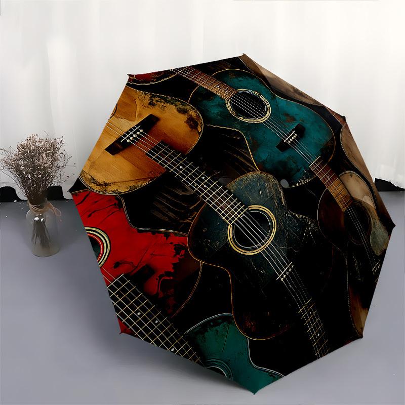 Guitars, Musical Instruments Themed Automatic Opening and Closing Umbrella, Brightly Colored 8-rib Portable Umbrella, Suitable for Men and W