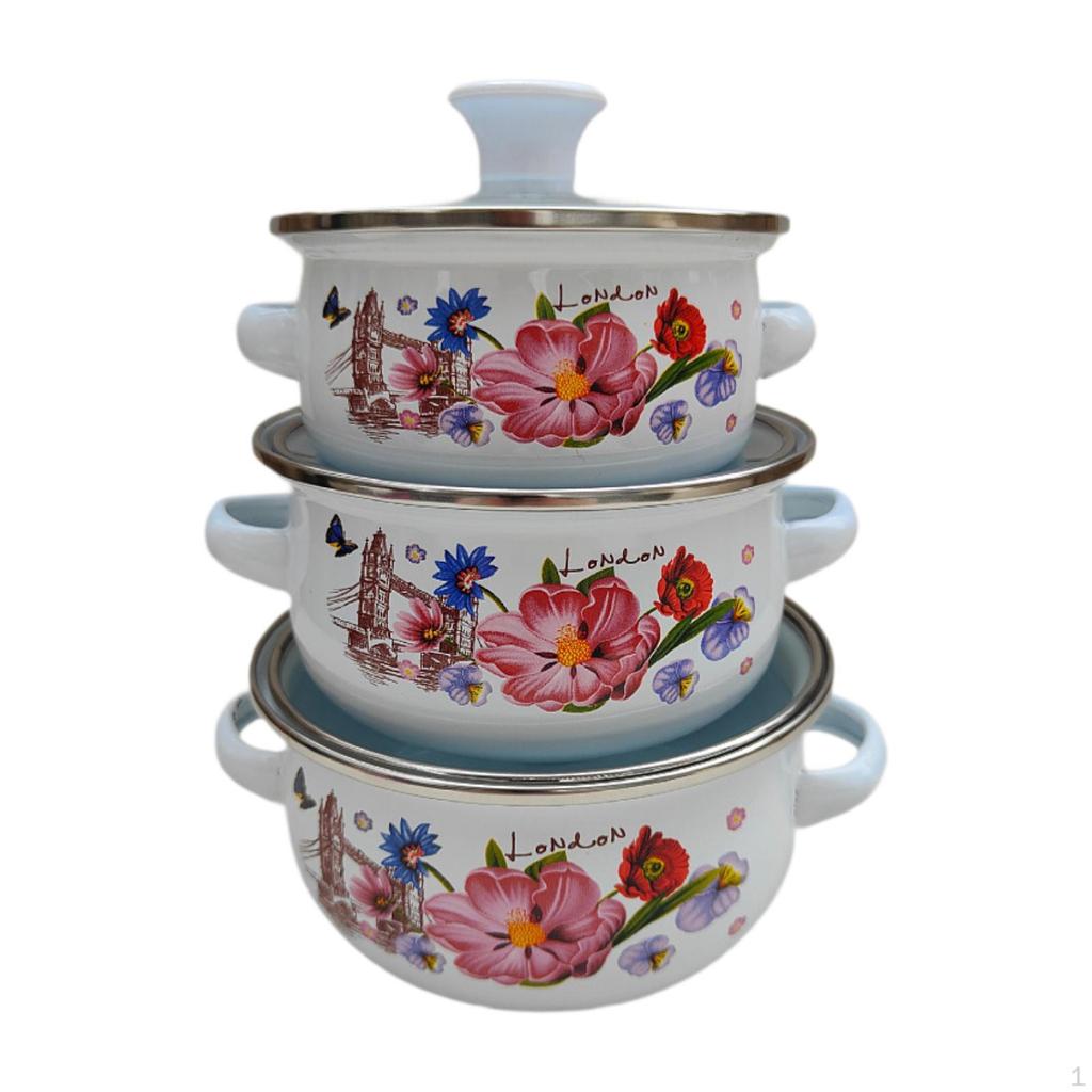 3 Stück Emaille Kochtopf Kochtopf Blumendesign und Griffe Schmoren Bohnen Köcheln Tiefe Suppe