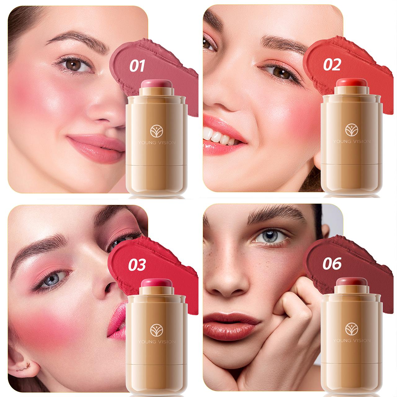 

YOUNG VISION waterproof natural makeup effect powder blusher, matte lipstick stick, dual-use face&lip, lip color beauty set, mom wife gift 4pc/set 01+02+03+06