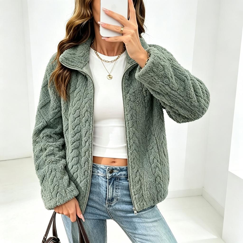 Women's Fuzzy Zip-Up Cardigan Jacket for Fall and Winter