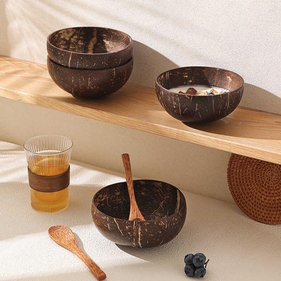 Coconut Bowl with Wood Spoon Natural Dinnerware Handmade Food Safe Bowl for Oatmeal