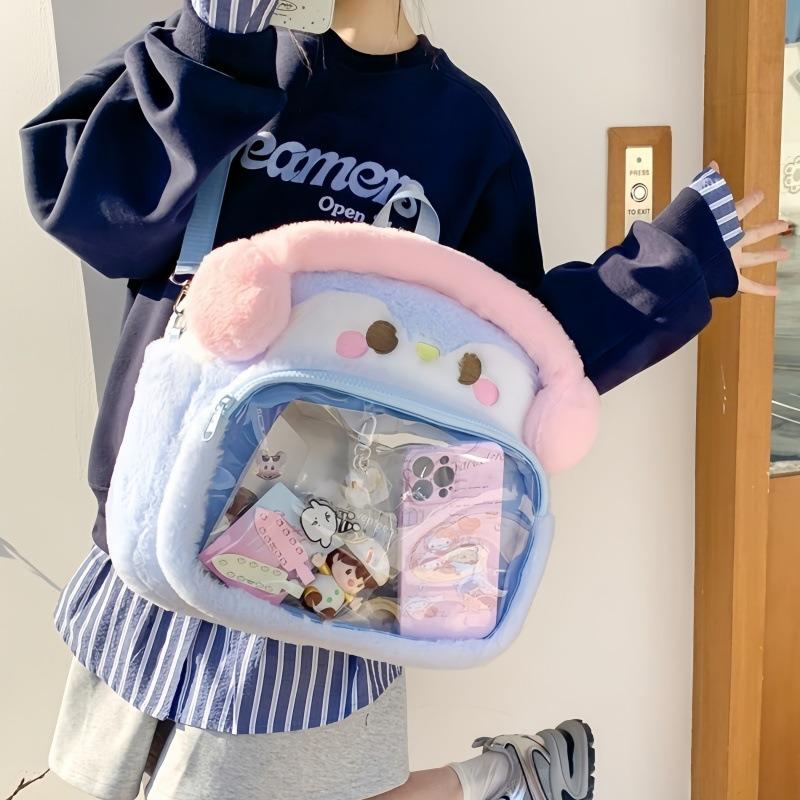 High-value Blue Earphones, Penguin, Large-capacity Students, School Bags, Cartoon Backpacks, Cute Furry Backpacks.