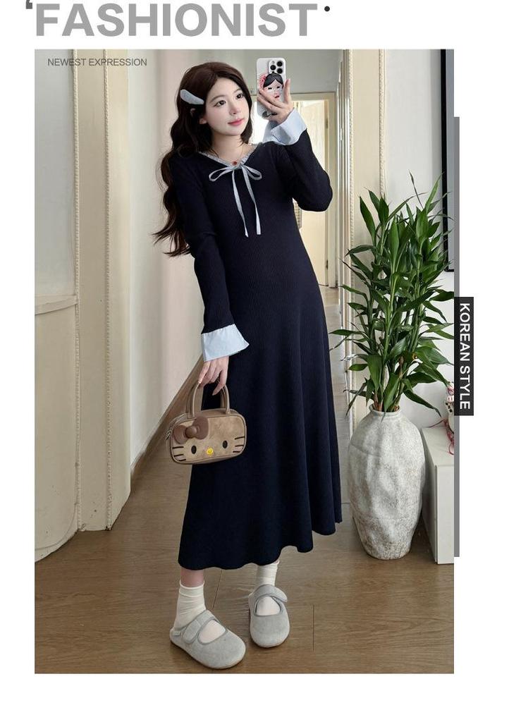 Autumn/Winter 2025 French-Style High-End Navy Blue Maternity Dress