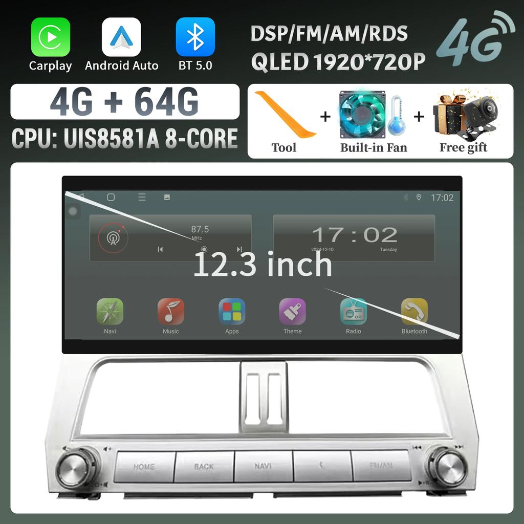12.3inch Car Radio Multimedia 4G GPS For Toyota Prado 2018-2021 Multimedia Wireless Bluetooth Carplay Touch Head Unit Screen