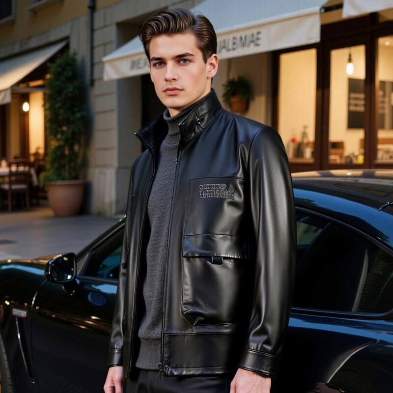 Futing Men's Genuine Lambskin Stand Collar Leather Jacket