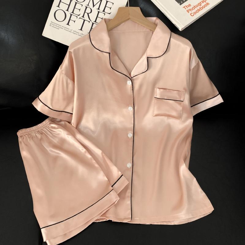 Summer Pink Sweet And Cute Wind Ice Silk Short-Sleeved Pajamas Women'S Loungewear Can Be Worn Outside