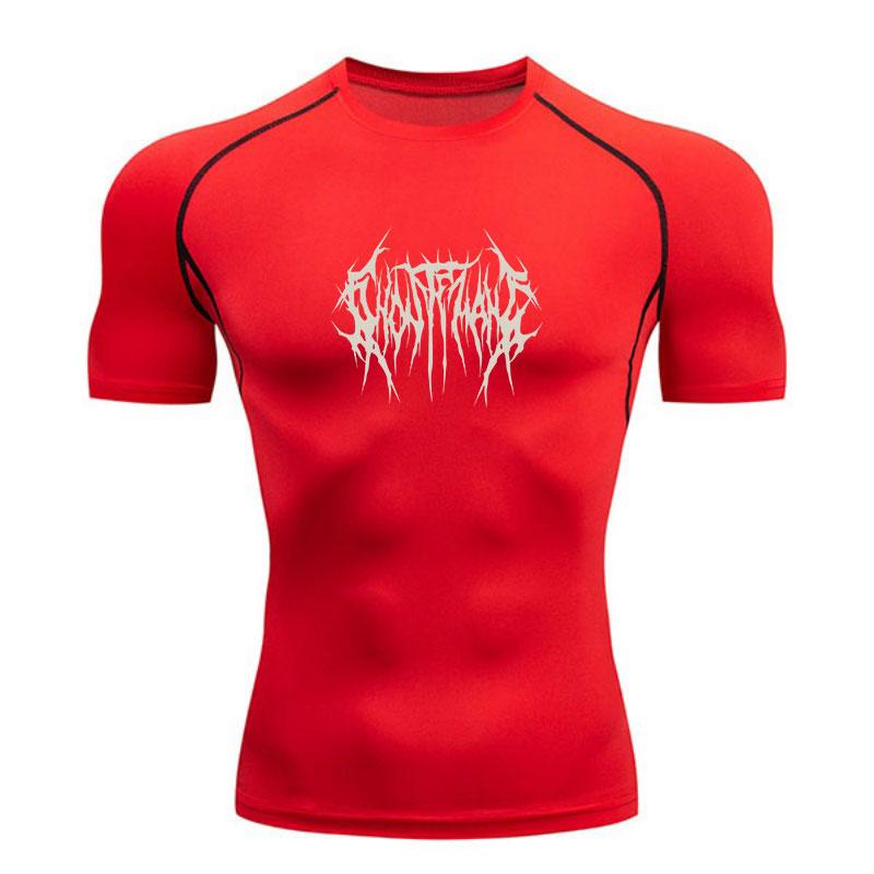 Men's Compression Athletic T-Shirt, Spiky Brutal Metal Text Print Quick Dry Breathable Workout Top for Gym Running Training Active Wear