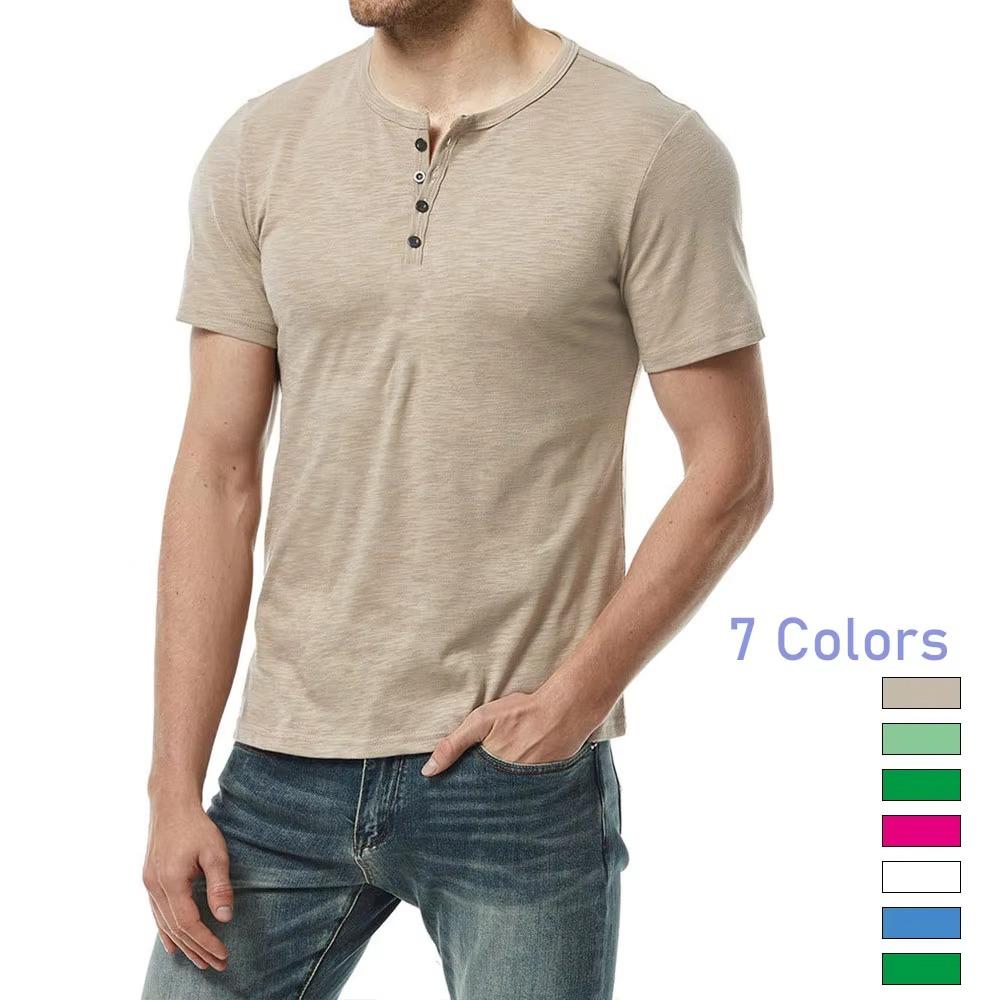 Men's Short-sleeve T-shirt Henley Collar Summer Casual Solid Color T Shirt for Men Polo High Quality Mens T-shirts