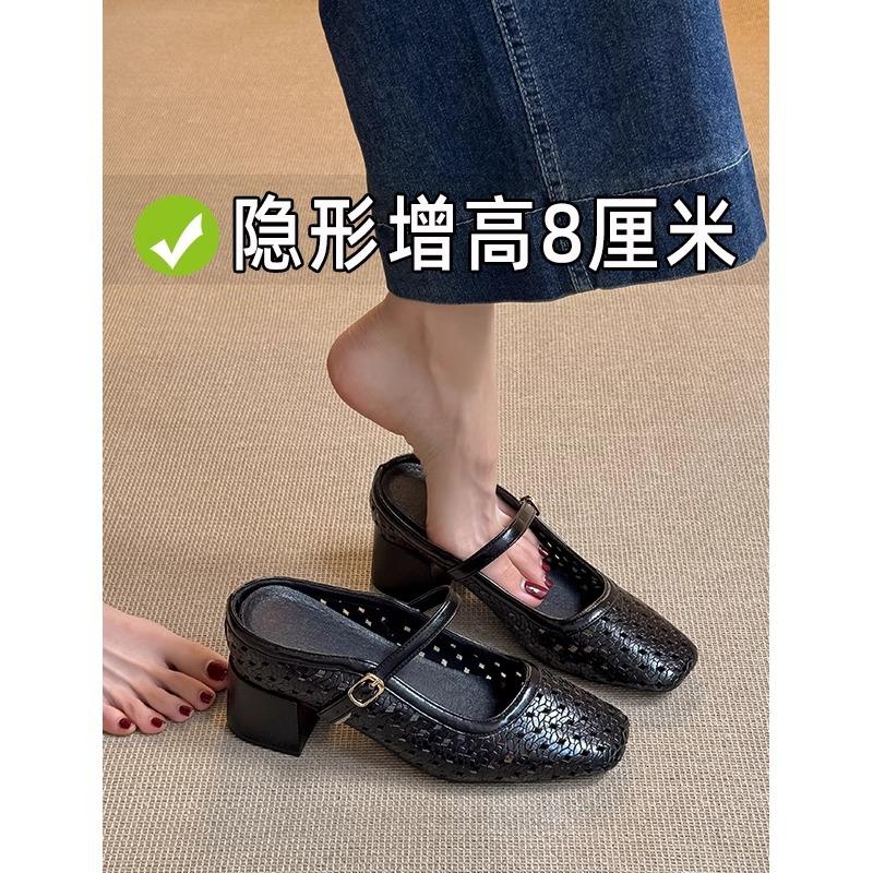 8 cm inner height increase hollow bag head half slippers women's summer wear casual woven cool slippers beach high heels sandals