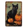 Vintage Halloween Metal Tin Sign  Black Cat  Pumpkins Wall Decor  Rustic Halloween Decoration  Durable Iron Metal Poster  E