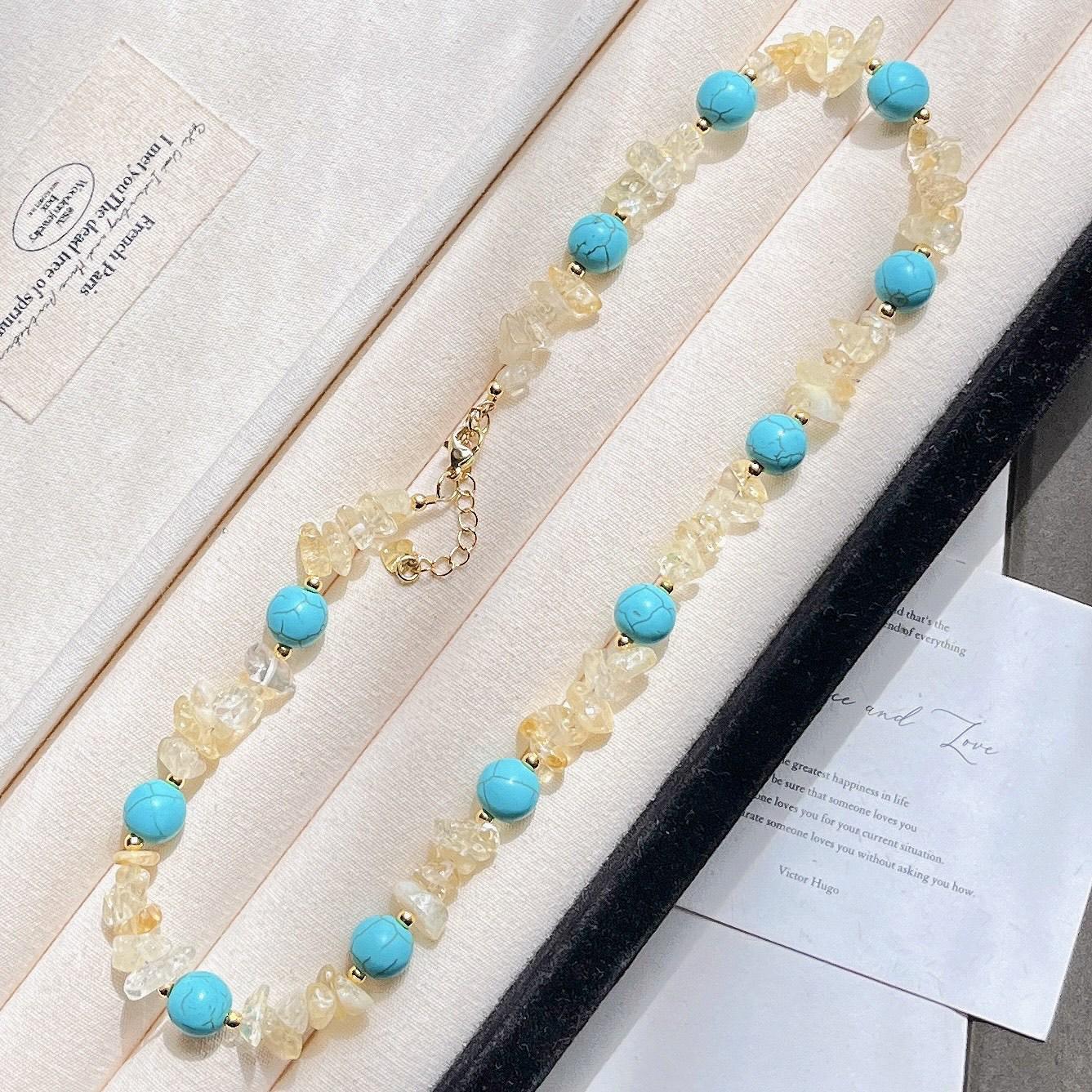 Autumn And Winter Natural Citrine Imitation Turquoise Quartz Rock Design Necklace Collarbone Chain