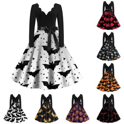 Women's Casual Fashion Halloween Printed V-Neck Vintage Dress