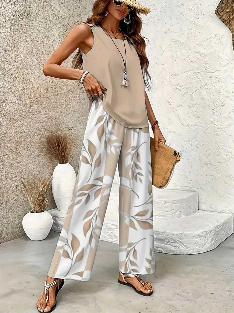 Women Loose Casual Clothes Set Square Neck Vest Top and Pants