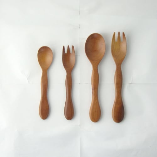 Nagao Children's Spoon and Fork Set, 14cm, Solid Wood, Made from Sao Wood