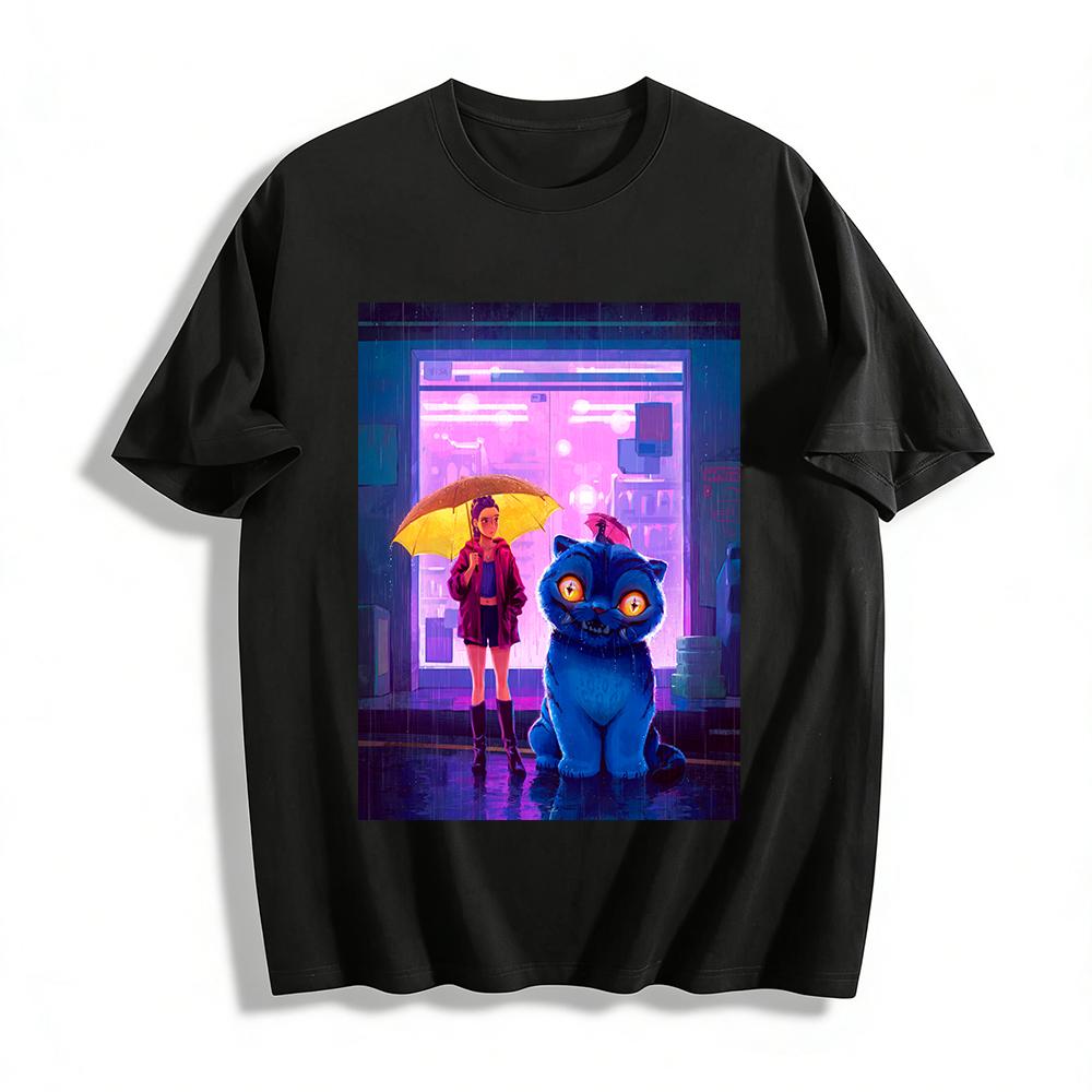 

Cyber Rainy Night Girl & Cute Big Blue Cat Print Tee Street Style Loose Casual Unisex Top Pure cotton T-shirt 6XL