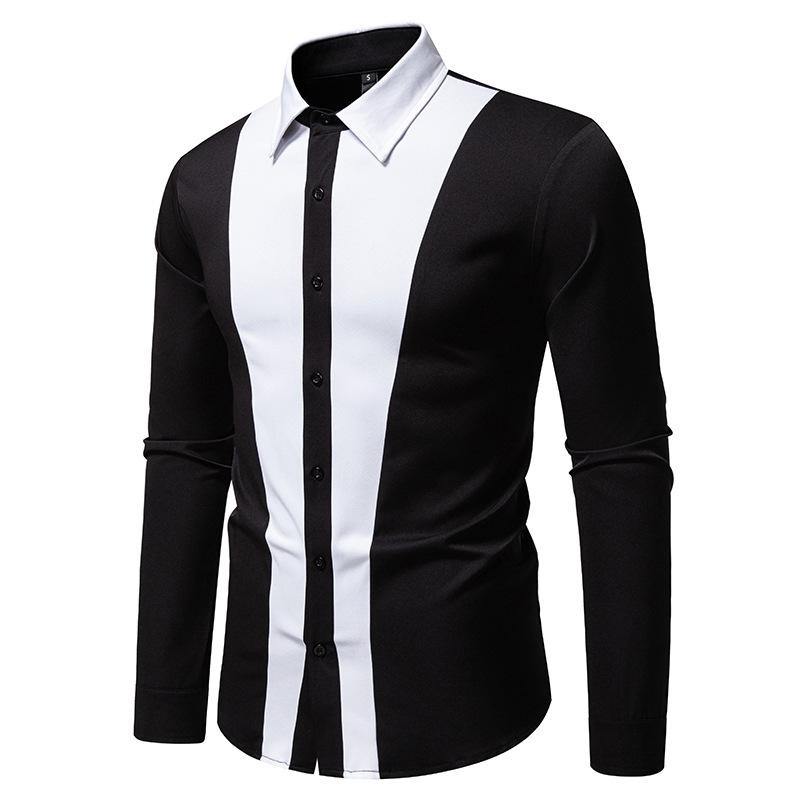 Camisa Social Masculina com Painel de Contraste Manga Longa Casual Formal Top para Homens Primavera Outono Multicolorido Moda Masculina Blusa