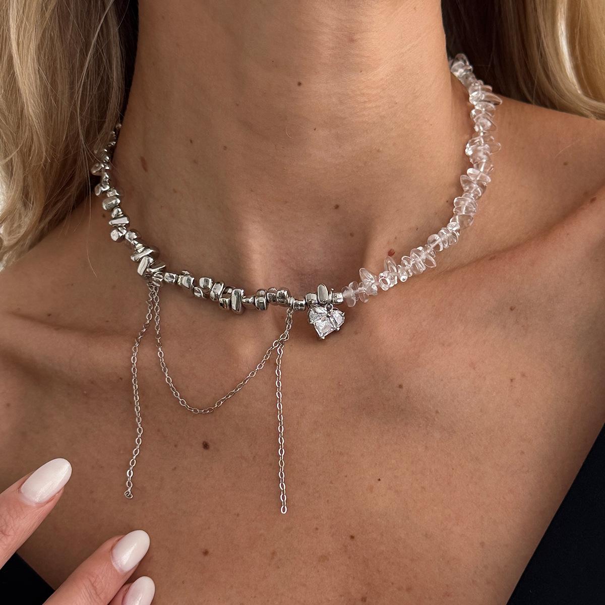 Hip-hop Trendy Baroque Pearl Tassel Cross Heart-shaped Pendant Crystal Beaded Wrapped Chain Choker Necklace for Women Jewelry