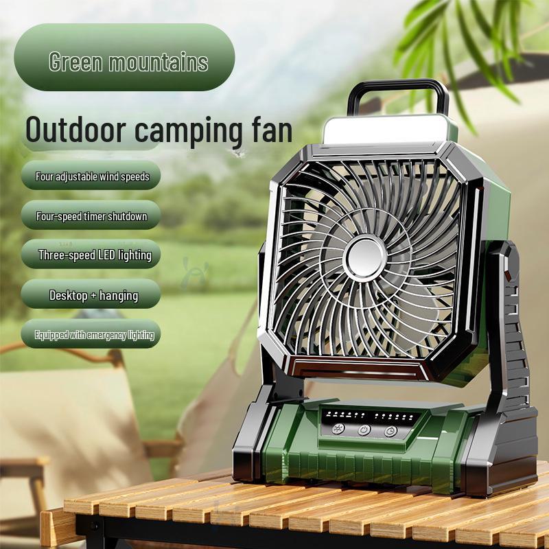 

Портативный настольный вентилятор с зарядкой от USB, мощным ветром, пультом дистанционного управления, подсветкой и качающейся головкой для кемпинга Outdoor Multifunction Fan