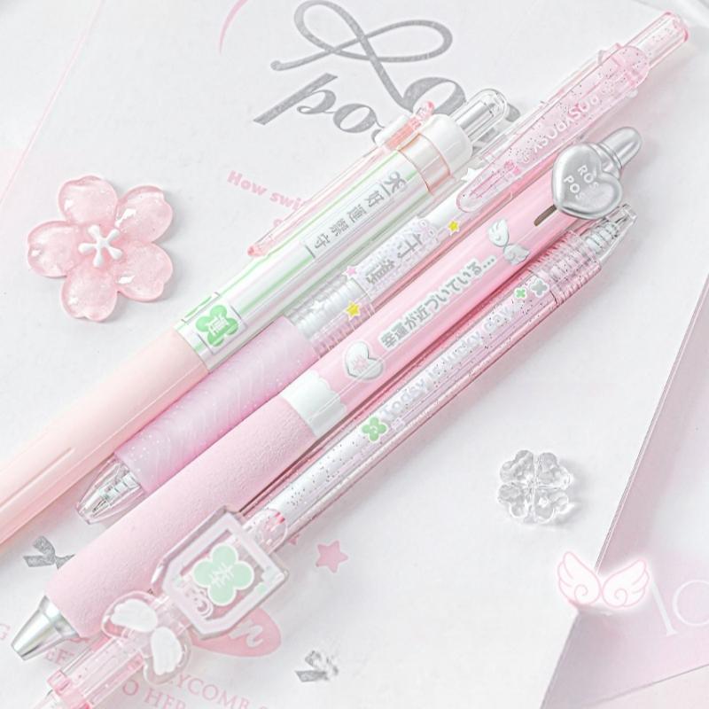 4 st Lycka till Gelpennor Set Söt Japansk Stil 0,5 mm Kulspetspenna Svart Bläck för Skrivande Student Tillbaka till Skolan Barn Gåva