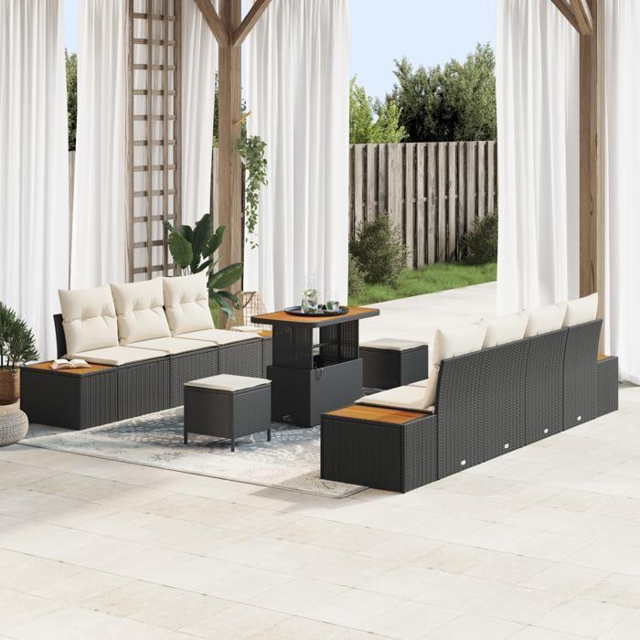 Ensemble de Canapé de Jardin de 10 Pièces avec Coussins Noir Poly Rattan Acacia, Ensemble de Salle à Manger de Jardin de 3 3362880