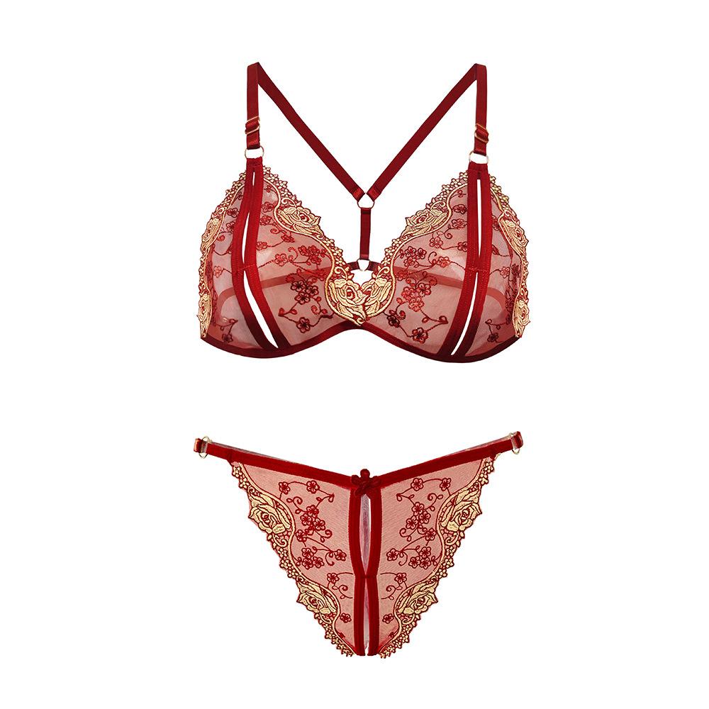 Women Floral Embroidory Underwear Set Sexy Lace Erotic Lingerie Female Bra And Brief Transparent Sensual Push Up Panty Patchwork