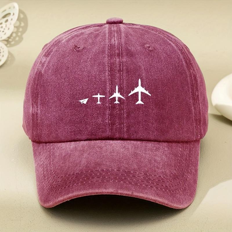 Retro airplane print washed baseball cap adjustable for both men and women, breathable black casual outdoor activity sun hat