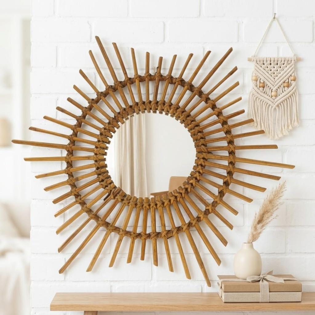 Eco Decx Handcrafted Rattan Sunburst Wall Mirror, Boho Round Cane Hanging Mirror for Bedroom, Bathroom & Living Room Decor, 65  x  2  x  65 cm